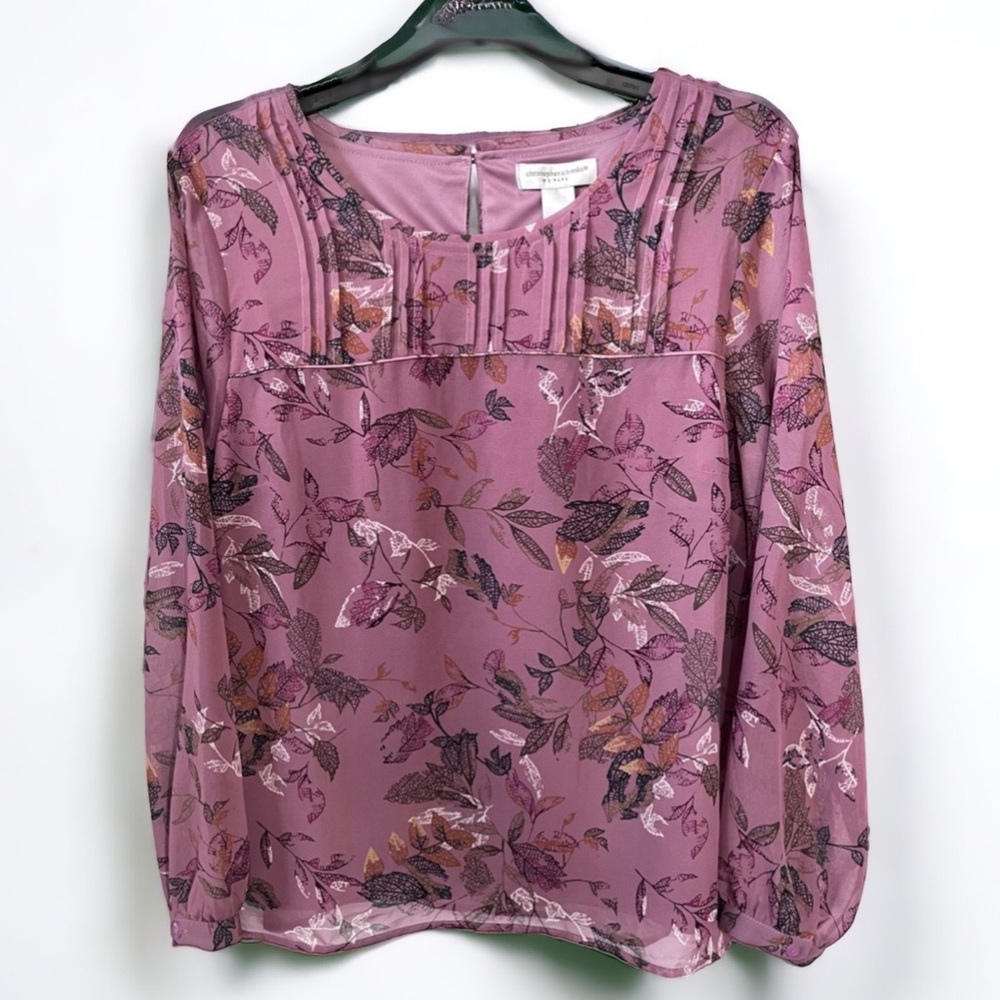 Christopher & Banks •NWT Mauve foliage print long sleeve blouse • Petite Large